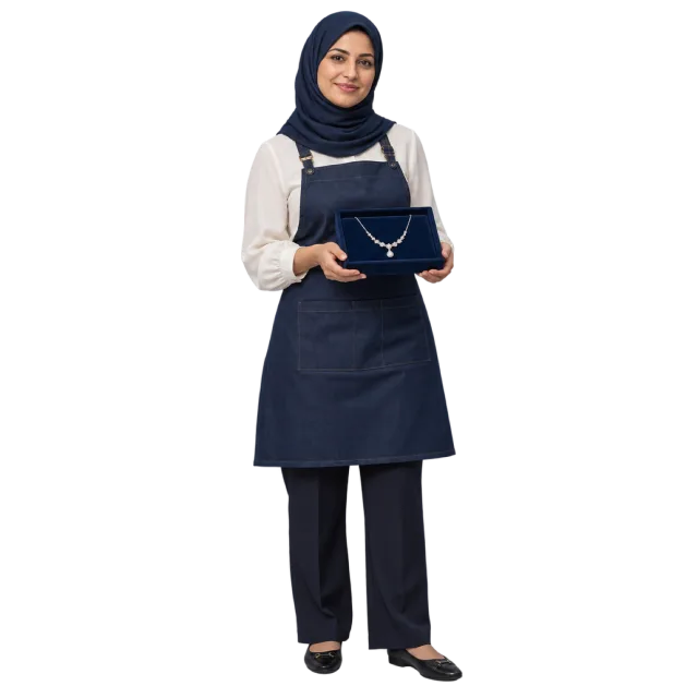 Woman in a navy apron and headscarf displaying a necklace on a dark presentation board