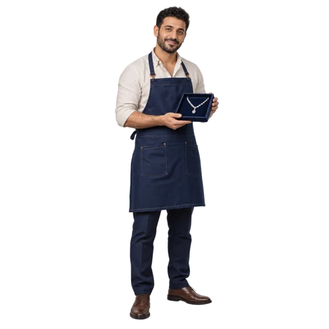 Man in a navy apron displaying a necklace on a dark presentation board
