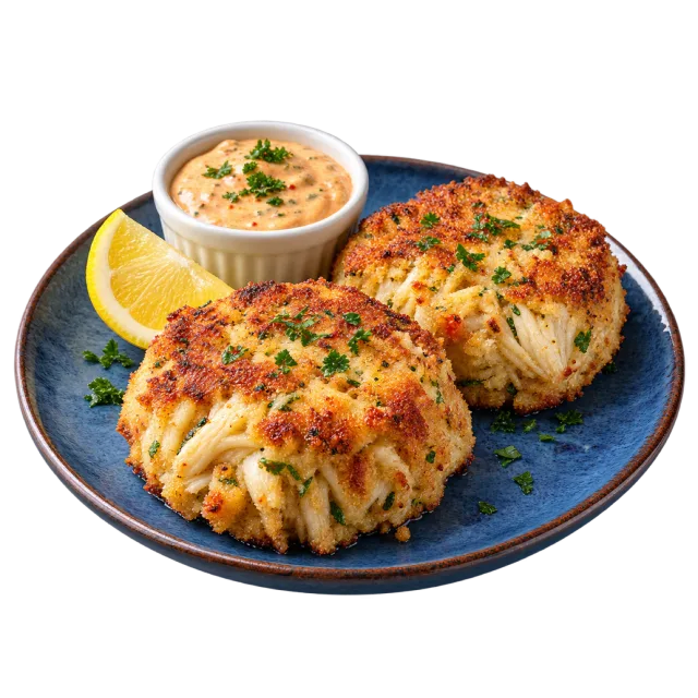 Two browned crab cakes with herbs, a lemon wedge and a small bowl of sauce