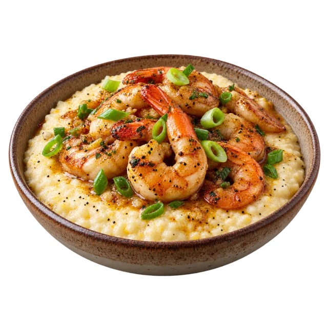 Seasoned shrimp over creamy grits with sliced green onions in a shallow bowl