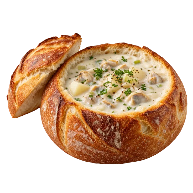 Round crusty bread bowl filled with creamy chowder and topped with herbs