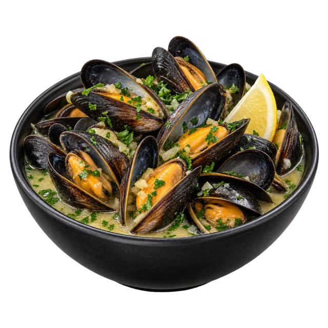 Black bowl of open mussels with herbs, pale sauce and a lemon wedge