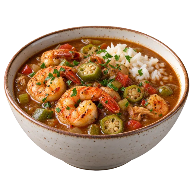 Bowl of dark gumbo with shrimp, sliced okra and white rice