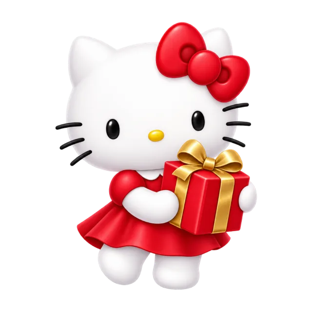 Hello Kitty in a red dress holding a red present with a gold ribbon