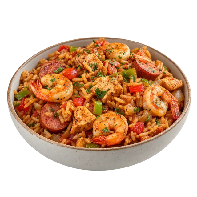 Bowl of seasoned rice with shrimp, sliced sausage and diced vegetables