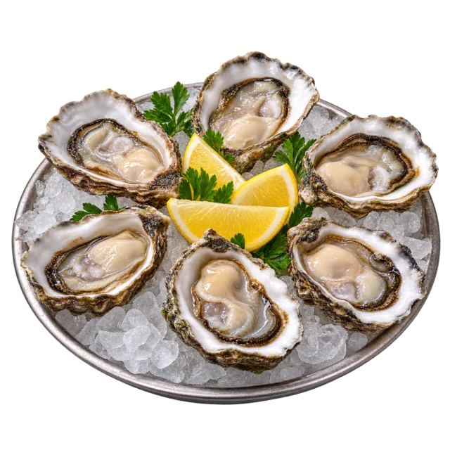 Opened oysters arranged over crushed ice with lemon wedges in the center