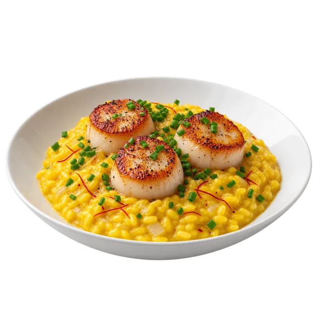 Three browned scallops on golden risotto with a green herb garnish