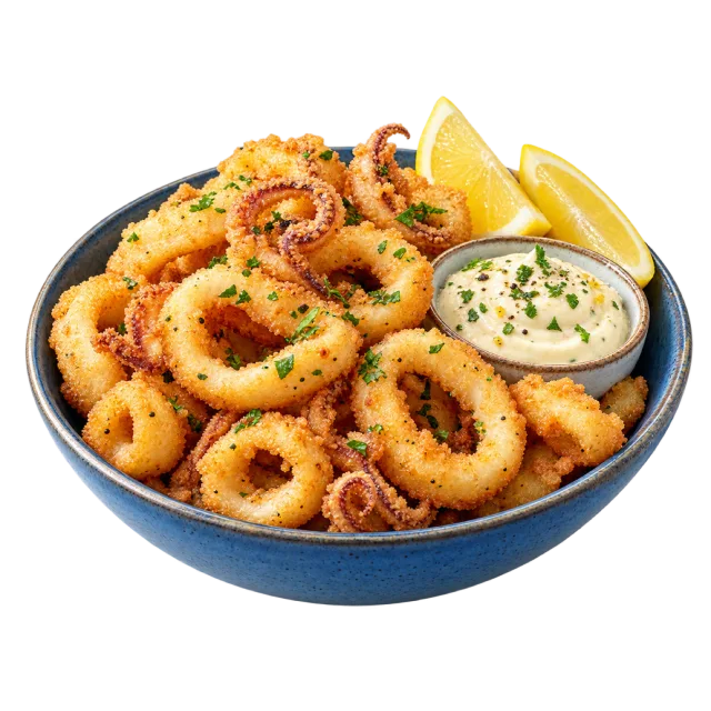 Golden fried calamari rings with lemon wedges and a bowl of creamy dipping sauce