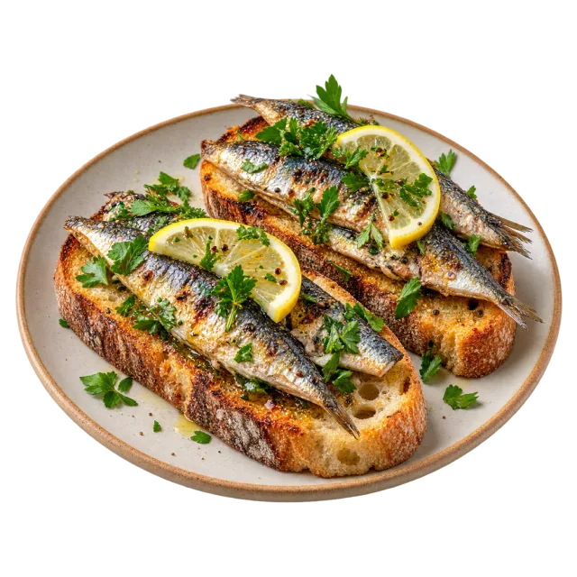 Sardines on toasted bread topped with lemon slices and green herbs