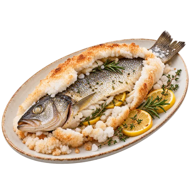 Whole fish in a broken salt crust with lemon slices and herbs on an oval plate