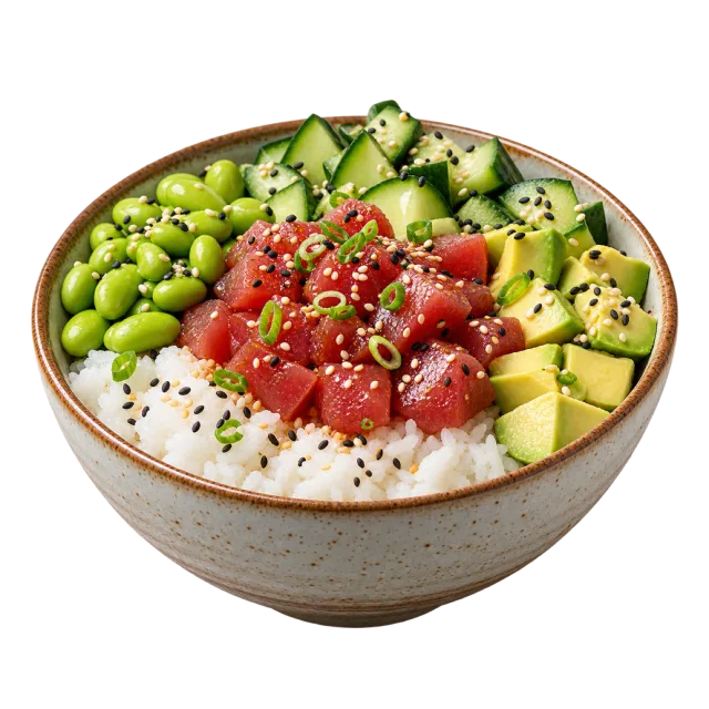 Rice bowl topped with tuna cubes, avocado, cucumber, edamame and sesame seeds