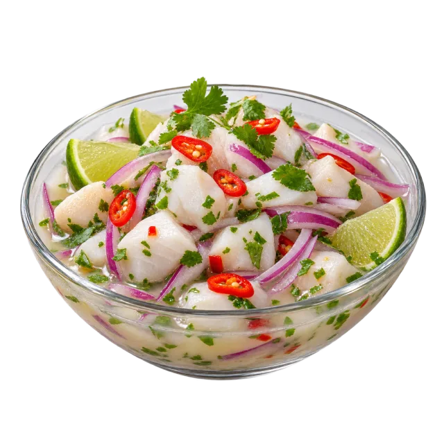 Clear bowl of fish pieces with red onion, red chili, herbs and lime wedges