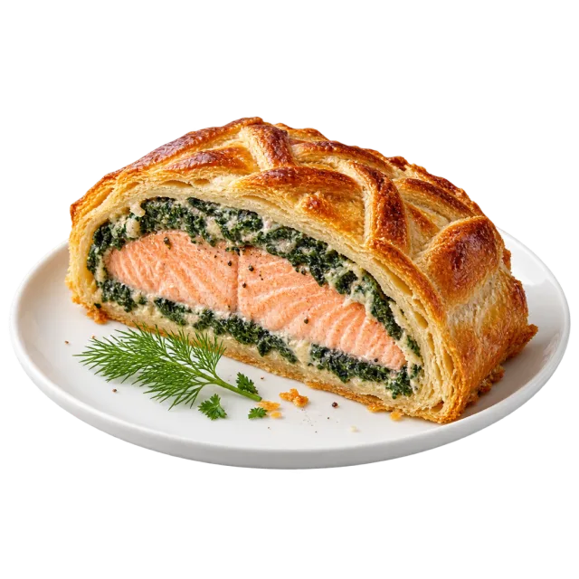 Sliced golden pastry enclosing salmon and a green filling on a white plate