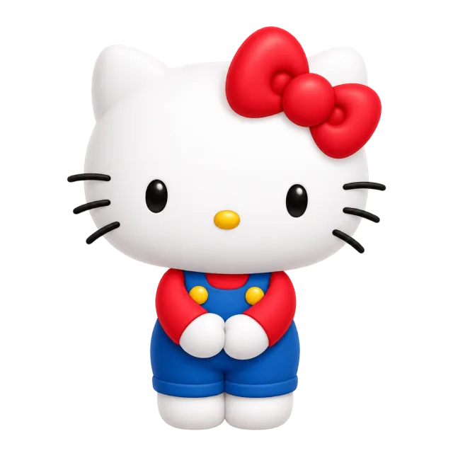 Hello Kitty standing with a red bow, red shirt and blue overalls