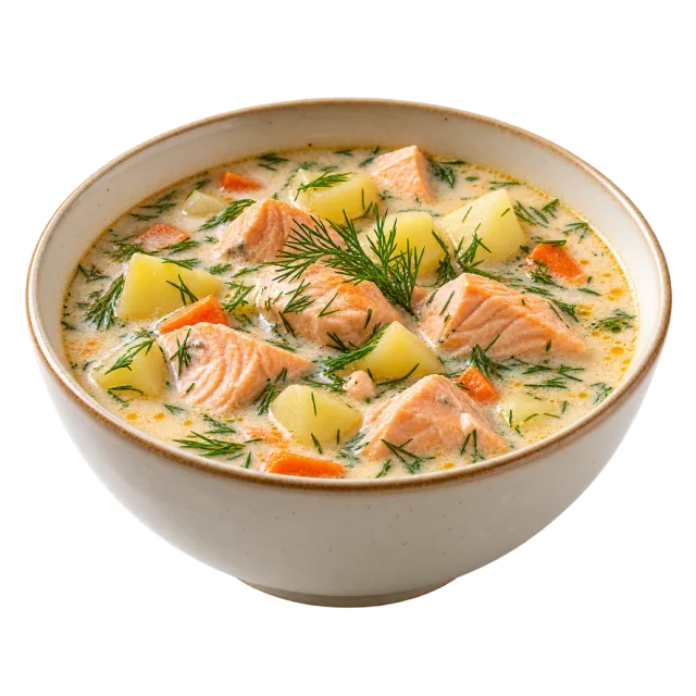 Creamy soup with salmon chunks, potatoes, carrots and dill in a beige bowl