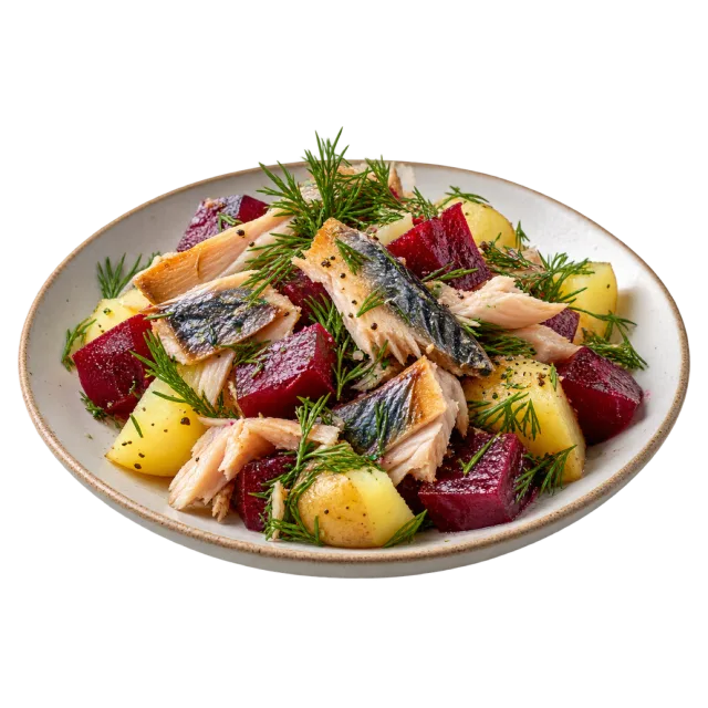 Mackerel pieces with potatoes, beetroot, leafy greens and dill on a plate