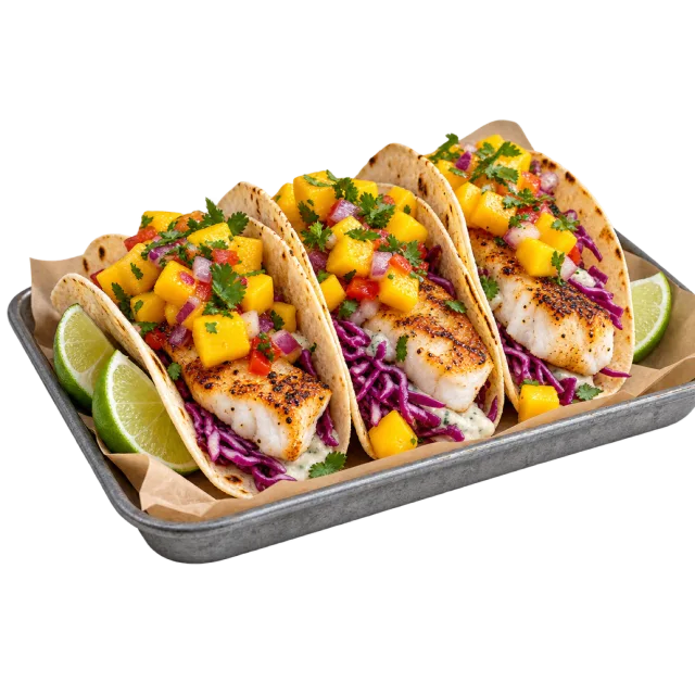 Three fish tacos filled with purple cabbage and diced mango alongside lime wedges