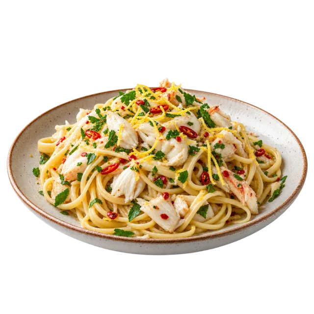 Plate of linguine with crab pieces, chopped herbs and red chili slices