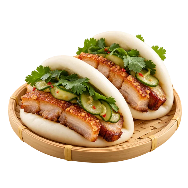 Two folded steamed buns filled with pork, cucumber, green herbs and sliced chili