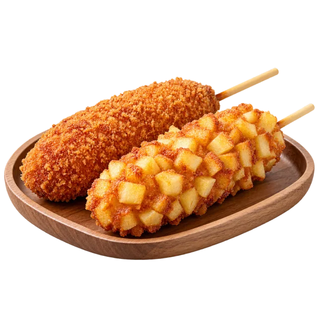 Two golden corn dogs on wooden sticks, one coated with small potato cubes