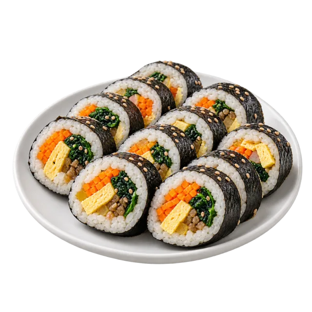 Sliced seaweed-wrapped rice rolls with colorful vegetable and egg fillings