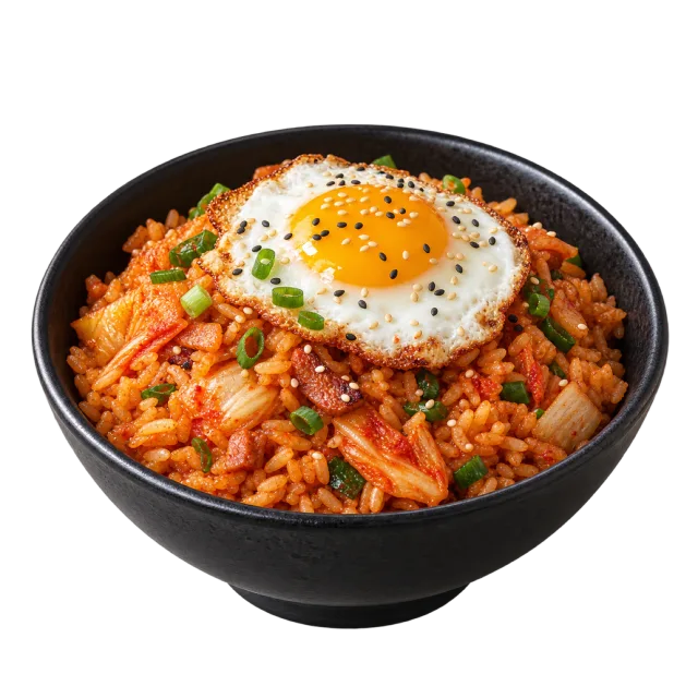 Red-orange fried rice topped with a fried egg and chopped green onions
