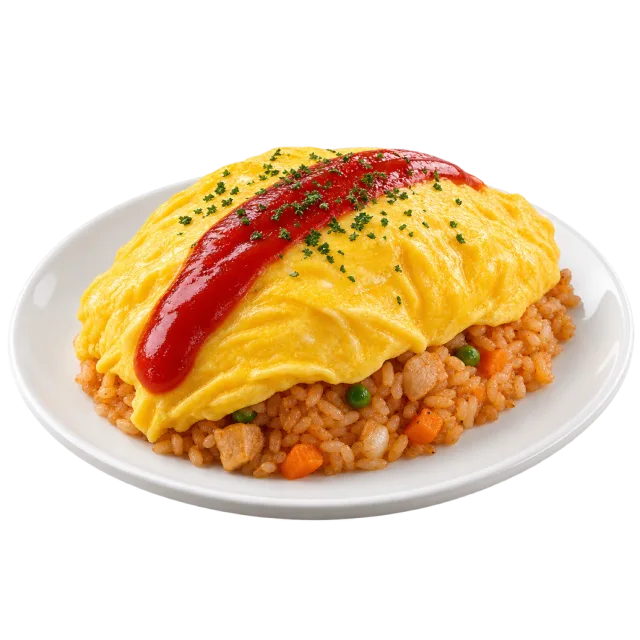 Yellow omelet draped over fried rice with a red sauce stripe and green garnish