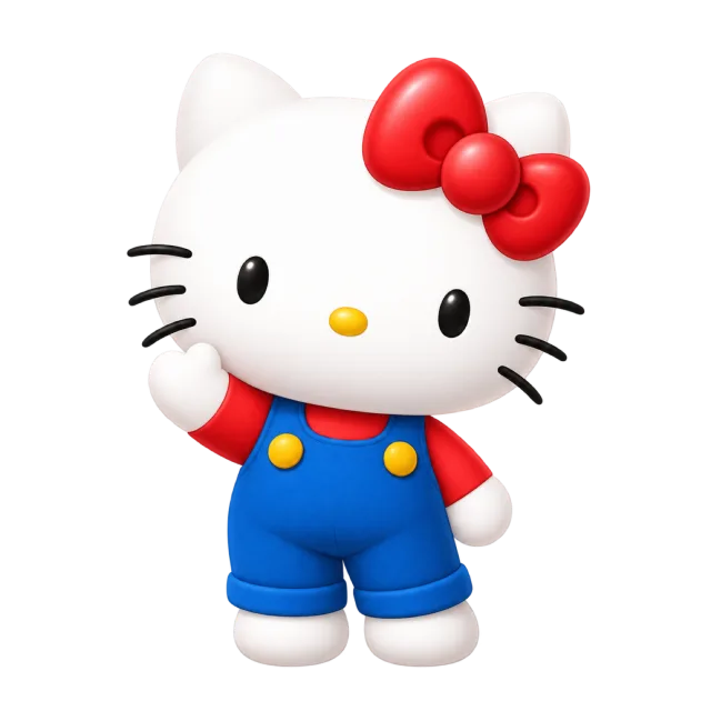 Hello Kitty raising one paw in a wave while wearing blue overalls and a red bow