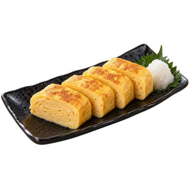 Thick slices of rolled golden omelet arranged on a black rectangular plate