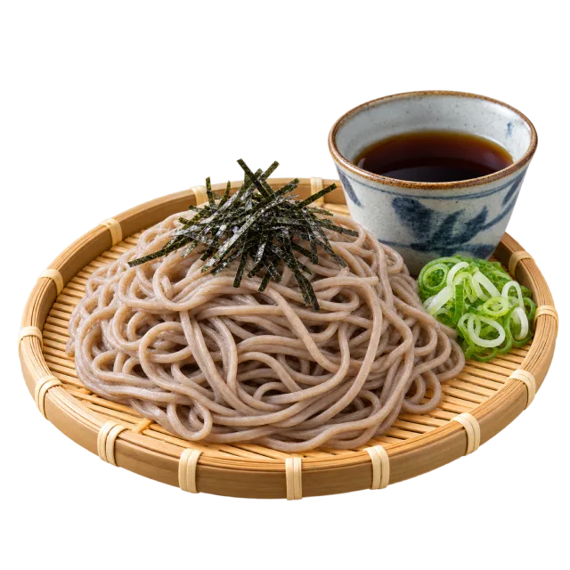 Soba noodles on a bamboo tray with shredded seaweed, dipping sauce and green onions