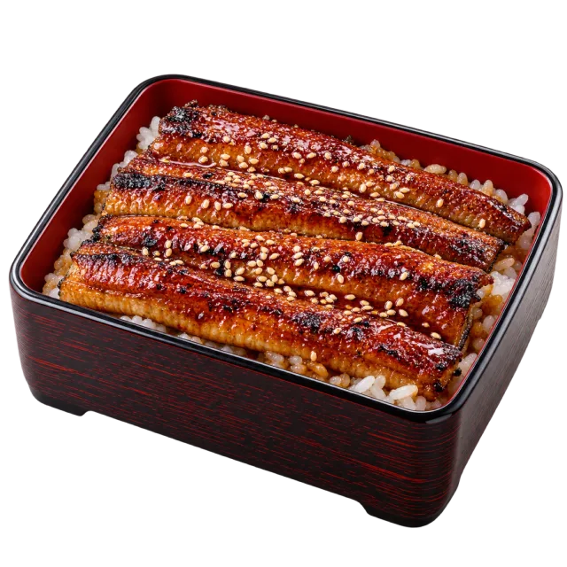 Glazed grilled eel arranged over rice in a rectangular red and black box