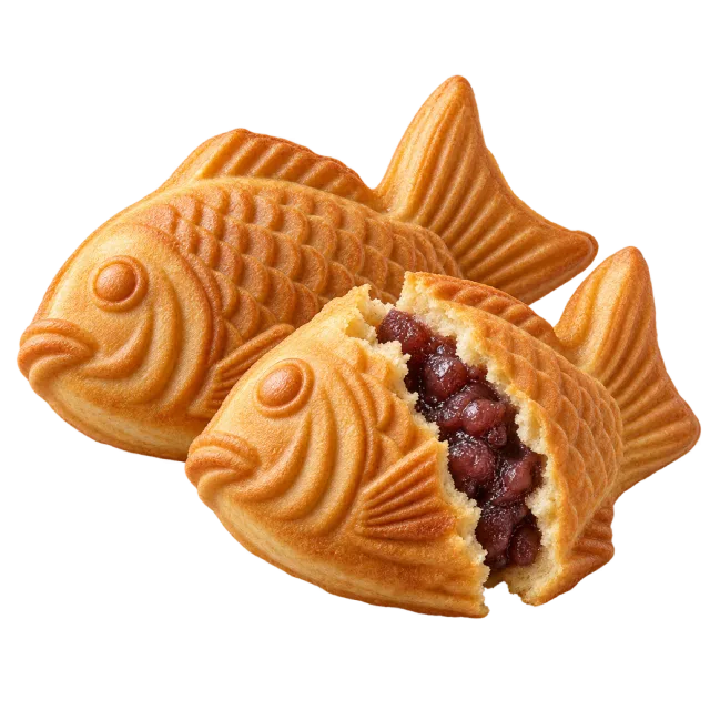 Golden fish-shaped pastries, with one opened to show a dark red bean filling