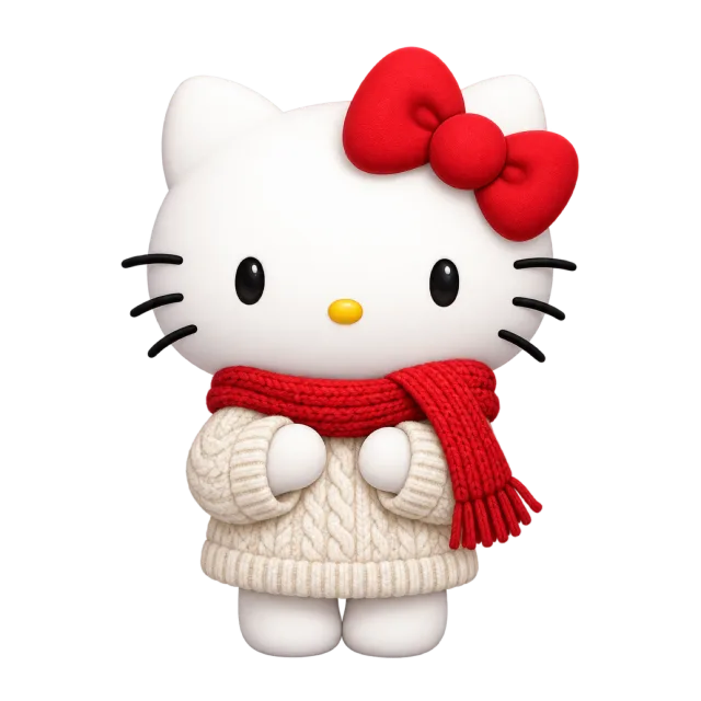 Hello Kitty wearing a red knitted scarf and a cream sweater