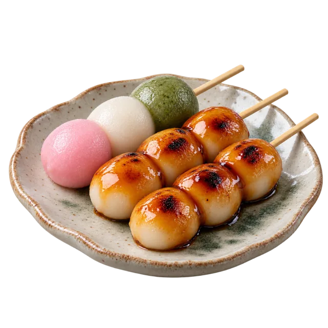 Skewers of pink, white and green dumplings beside glazed golden dumplings