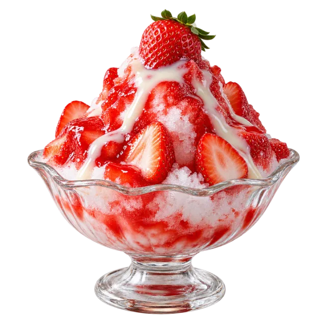 Glass bowl of shaved ice with red strawberry sauce, cream and a whole strawberry