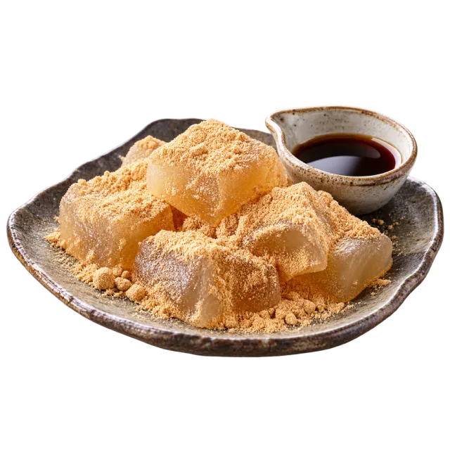 Soft translucent mochi cubes dusted with tan powder beside dark syrup