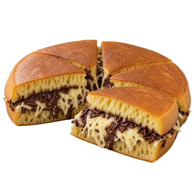 Thick round sweet pancake cut into wedges with chocolate and pale shredded filling