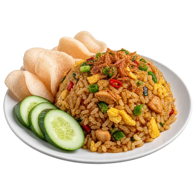 Mound of fried rice with vegetables, cucumber slices and pale crackers