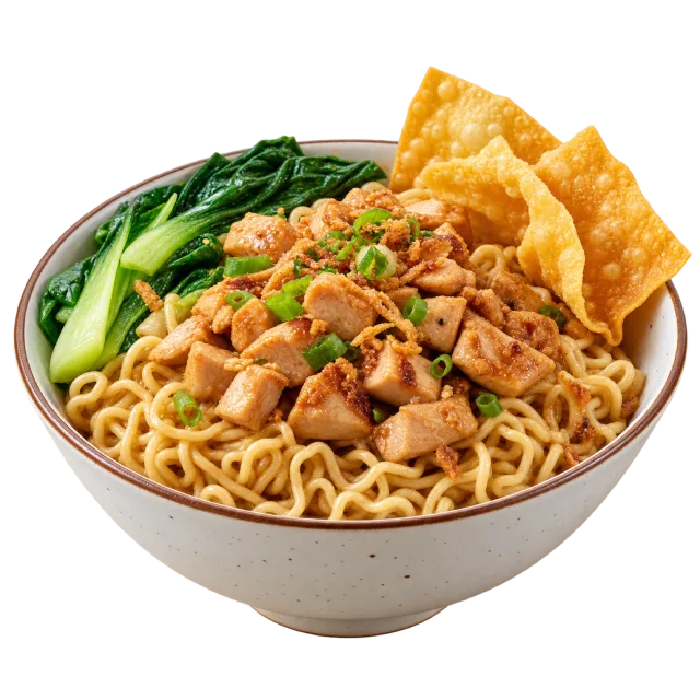 Bowl of noodles topped with chicken, leafy greens and crisp golden crackers