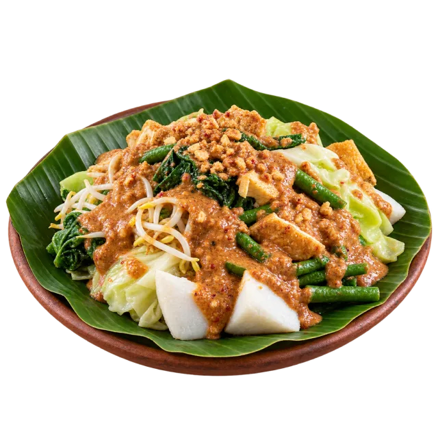 Vegetable salad with bean sprouts and peanut sauce served on a banana leaf