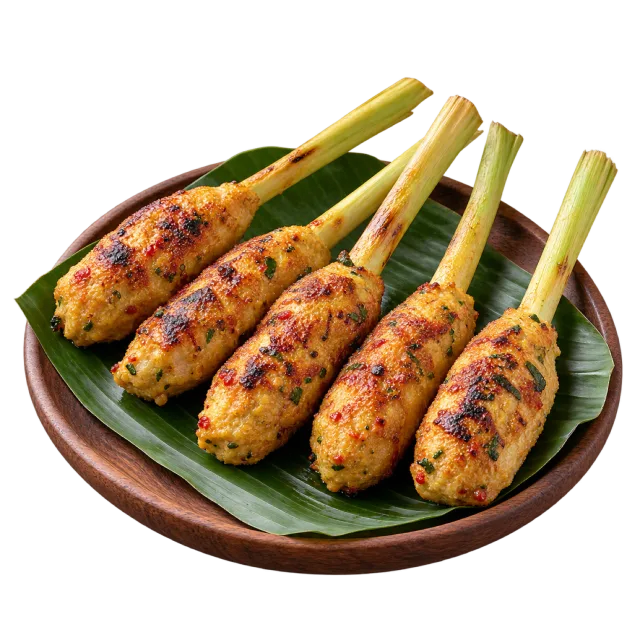 Grilled minced skewers wrapped around pale green stalks on a leaf-lined plate
