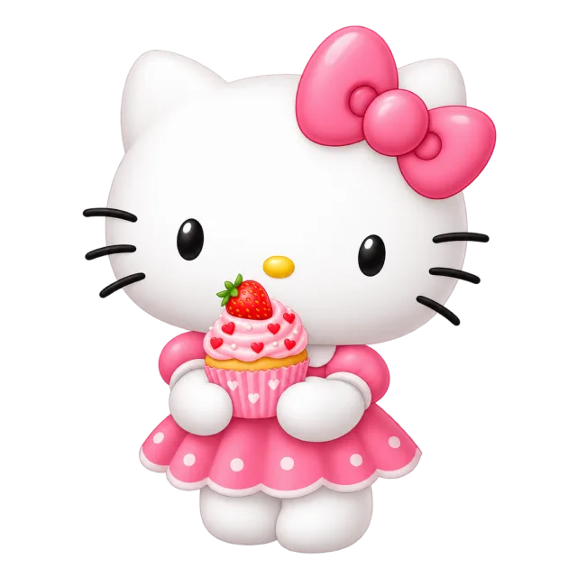 Hello Kitty in a pink polka-dot dress holding a cupcake topped with a strawberry