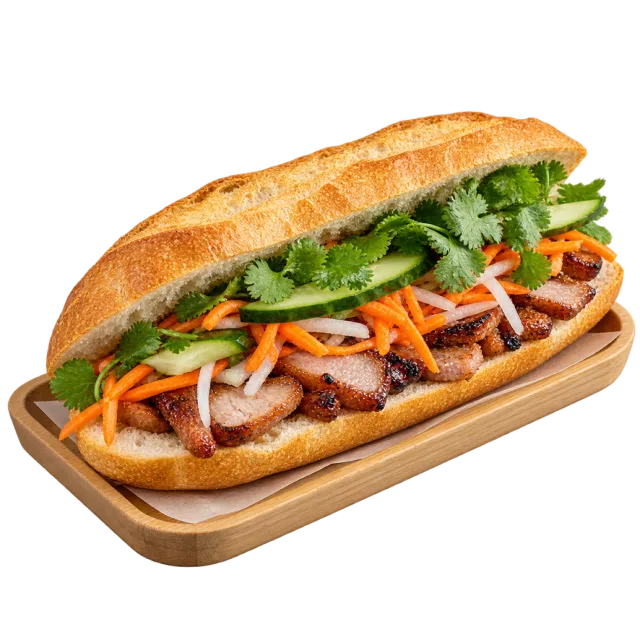 Crusty baguette filled with meat, cucumber, pickled vegetables and green herbs