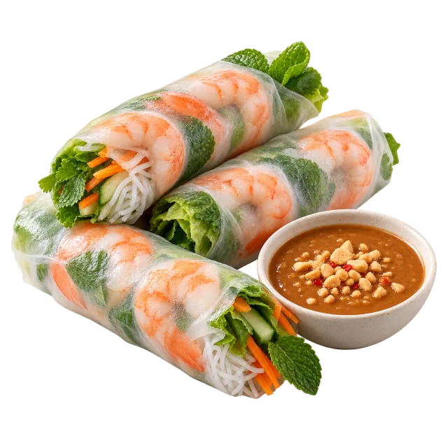 Translucent fresh rolls showing shrimp and greens beside a brown dipping sauce