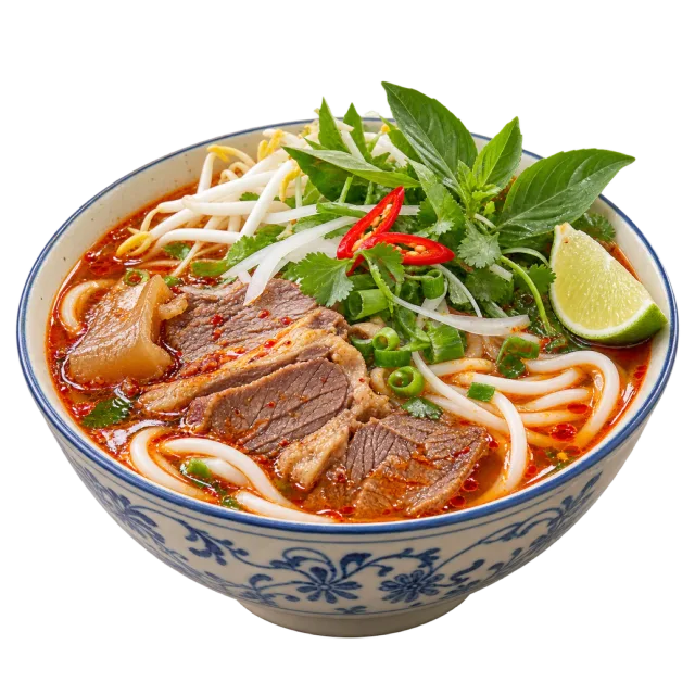 Bowl of reddish noodle soup with meat slices, bean sprouts, herbs and a lime wedge