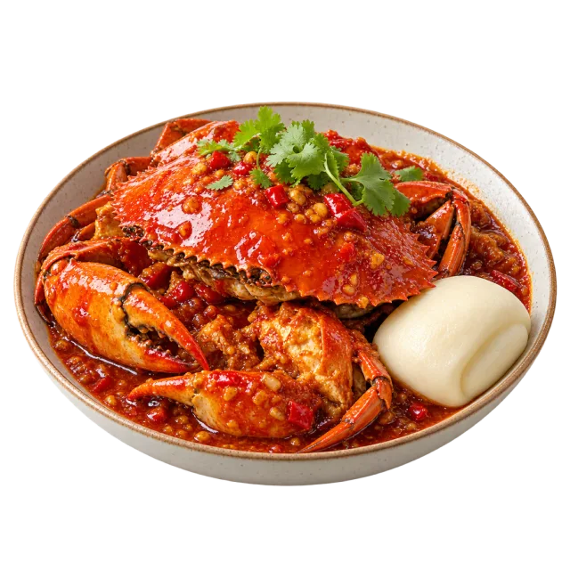 Whole red crab coated in glossy red sauce with green garnish on a plate