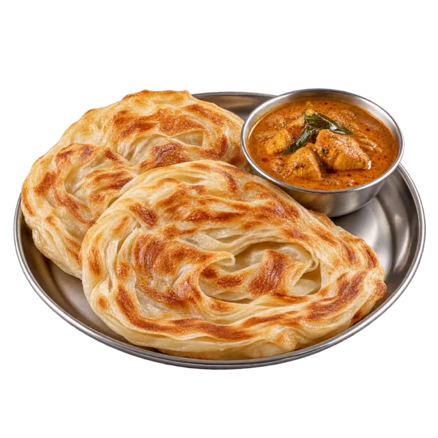 Flaky round flatbreads on a metal plate beside a small bowl of curry