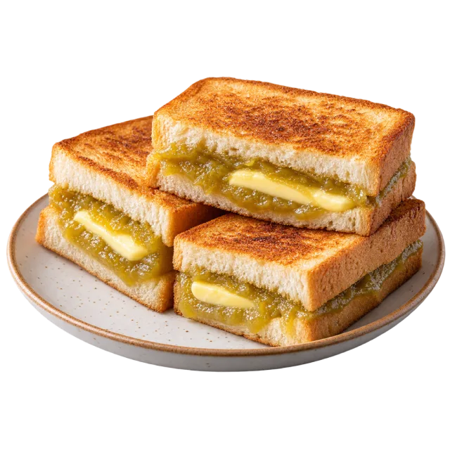 Stacked golden toast sandwiches with thick butter slices and pale green spread