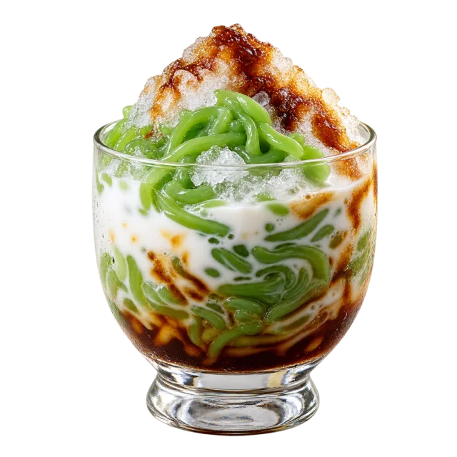 Glass of green jelly strands, shaved ice, white coconut-style sauce and dark syrup