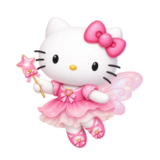 Hello Kitty with pink fairy wings, a layered dress and a star-tipped wand